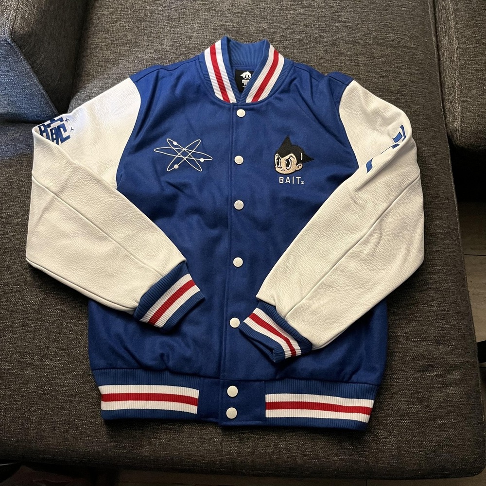 BAIT Astro Boy Varsity Jacket Mens Large Blue Wool Leather Anime Graphic Back